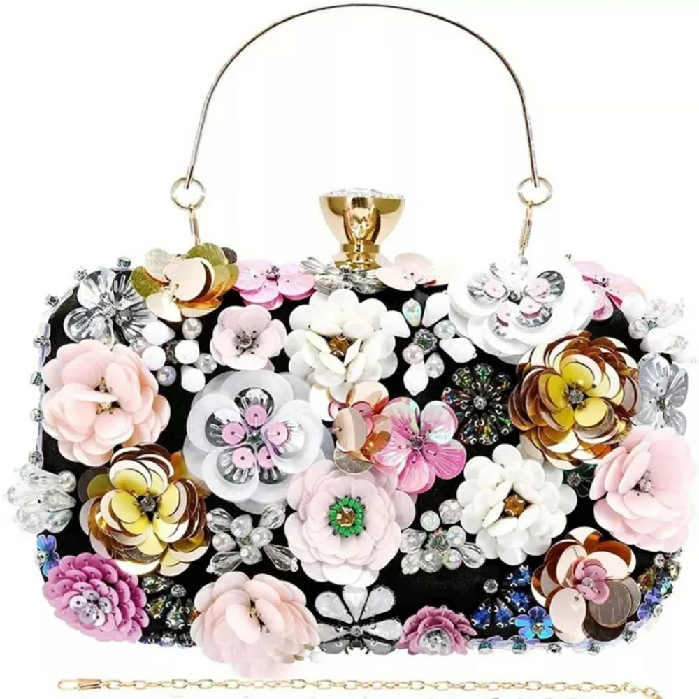 Women's Evening Bag Flower Party Prom Clutch Purse Floral Bride Black Handbag